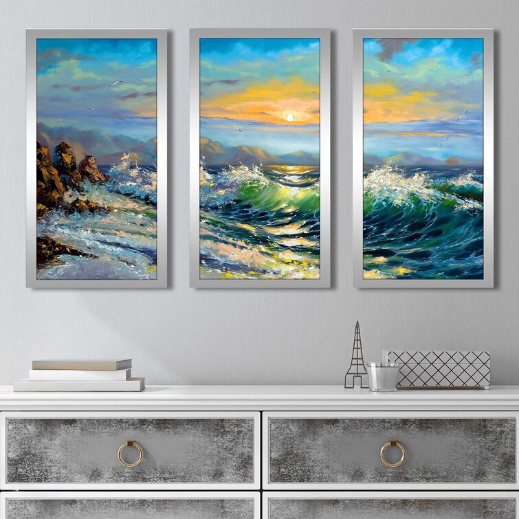 Painted Ocean Waves Framed On Plastic Acrylic 3 Pieces Painting